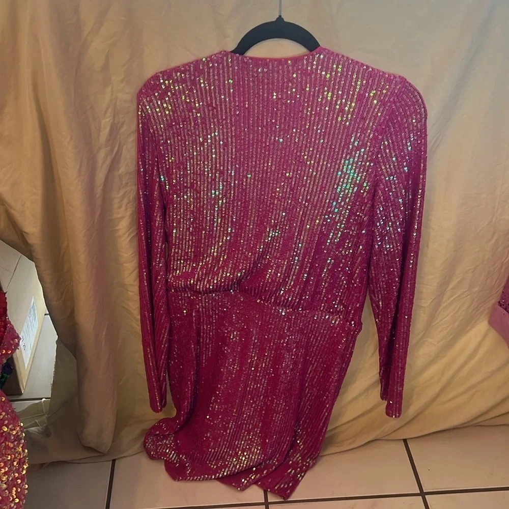 Show Me Your MuMu Party Hop Sparkling Hot Pink Sequin Party Mini Dress Barbie Lg - Picture 6 of 7